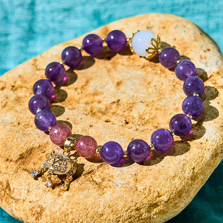 Buddha Stones Natural Amethyst Strawberry Quartz Peace Lock Charm Positive Bracelet