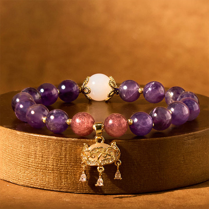 Buddha Stones Natural Amethyst Strawberry Quartz Peace Lock Charm Positive Bracelet