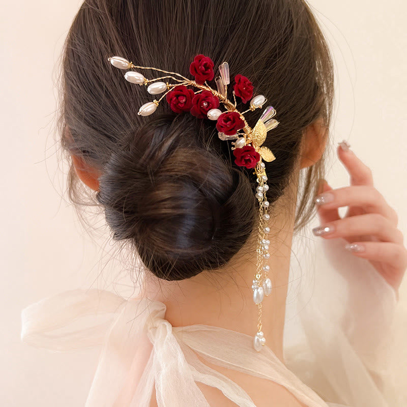 Buddha Stones Classical Chinese Wedding Bridal Red Rose Hair Clip