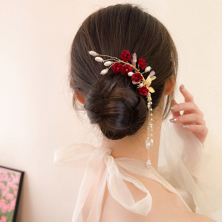 Buddha Stones Classical Chinese Wedding Bridal Red Rose Hair Clip