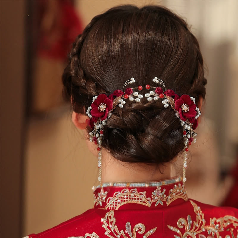 Buddha Stones Classical Chinese Wedding Bridal Red Rose Hair Clip