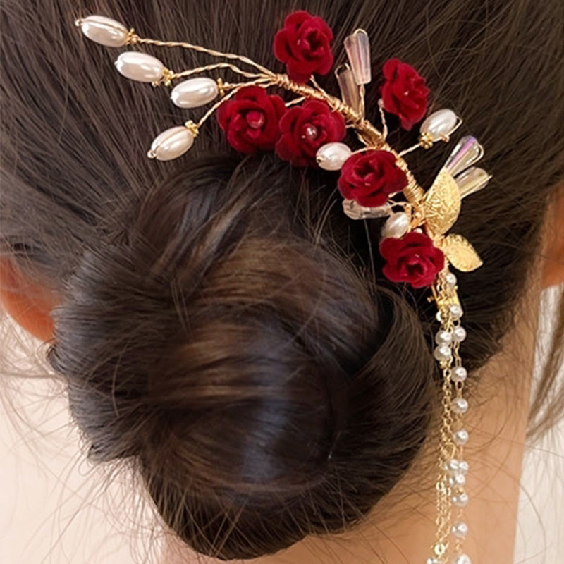 Buddha Stones Classical Chinese Wedding Bridal Red Rose Hair Clip