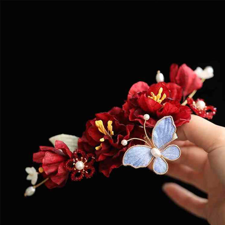 Buddha Stones Chinese Wedding Red Flower Butterfly Hair Clip