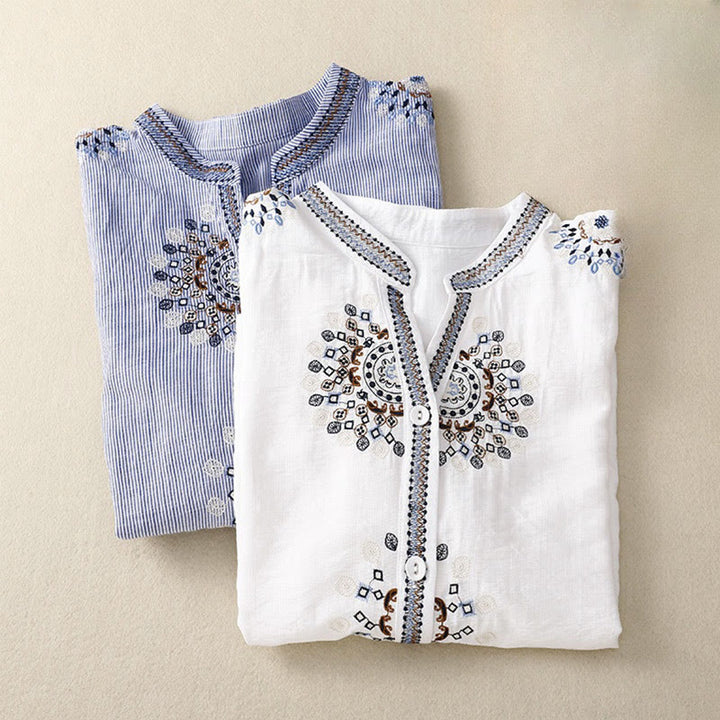 Buddha Stones Casual Women's Bohemia Embroidery Flowers V-Neck Design Half Sleeve Shirt - image 10