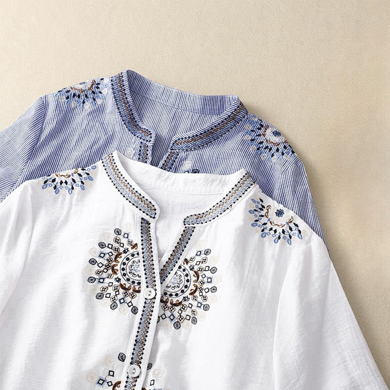 Buddha Stones Casual Women's Bohemia Embroidery Flowers V-Neck Design Half Sleeve Shirt - image 9