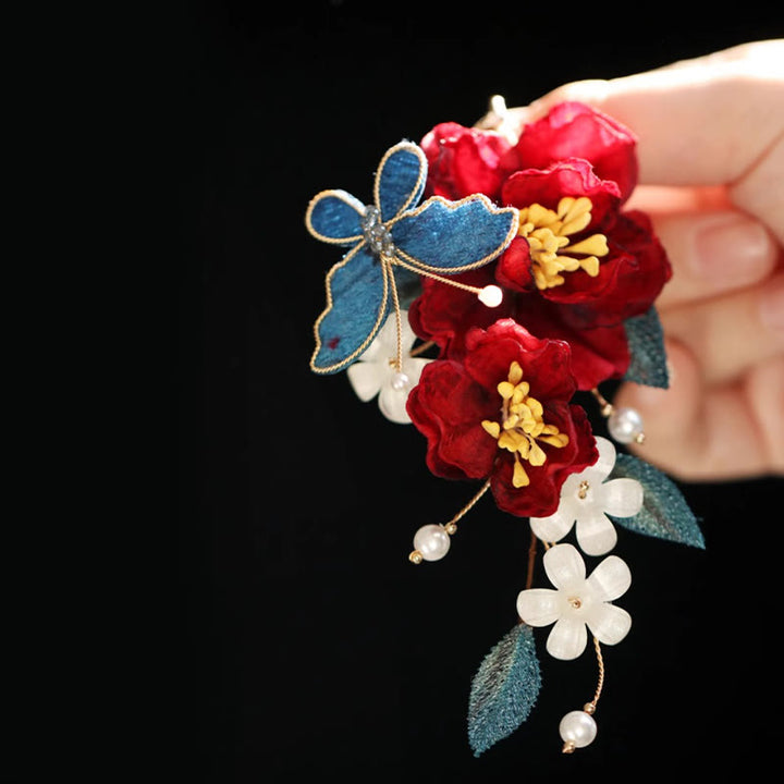 Buddha Stones Chinese Style Red Camellia Butterfly Hair Clip Hair Comb Hairpin Barrette Accessory