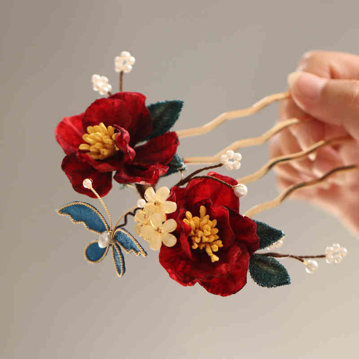 Buddha Stones Chinese Style Red Camellia Butterfly Hair Clip Hair Comb Hairpin Barrette Accessory