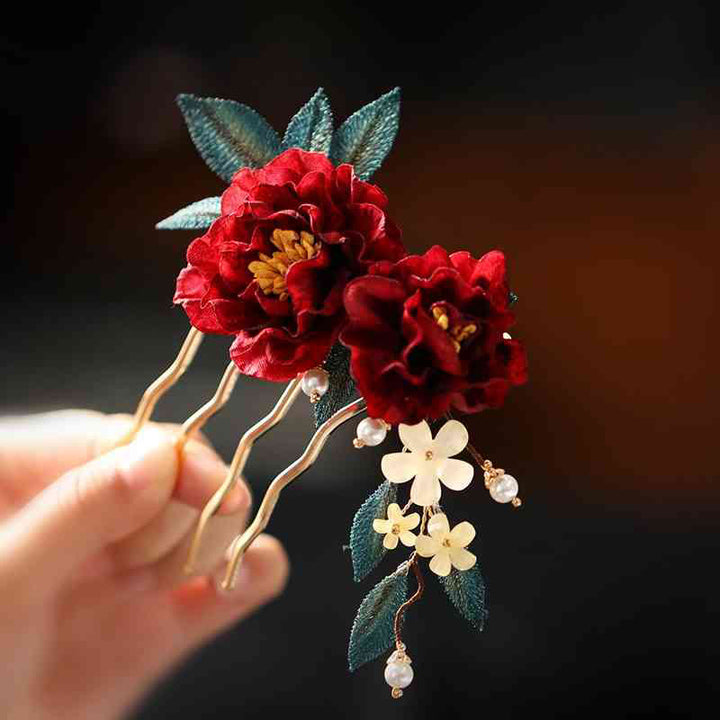 Buddha Stones Chinese Style Red Camellia Butterfly Hair Clip Hair Comb Hairpin Barrette Accessory