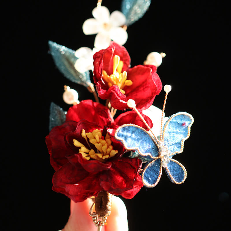 Buddha Stones Chinese Style Red Camellia Butterfly Hair Clip Hair Comb Hairpin Barrette Accessory