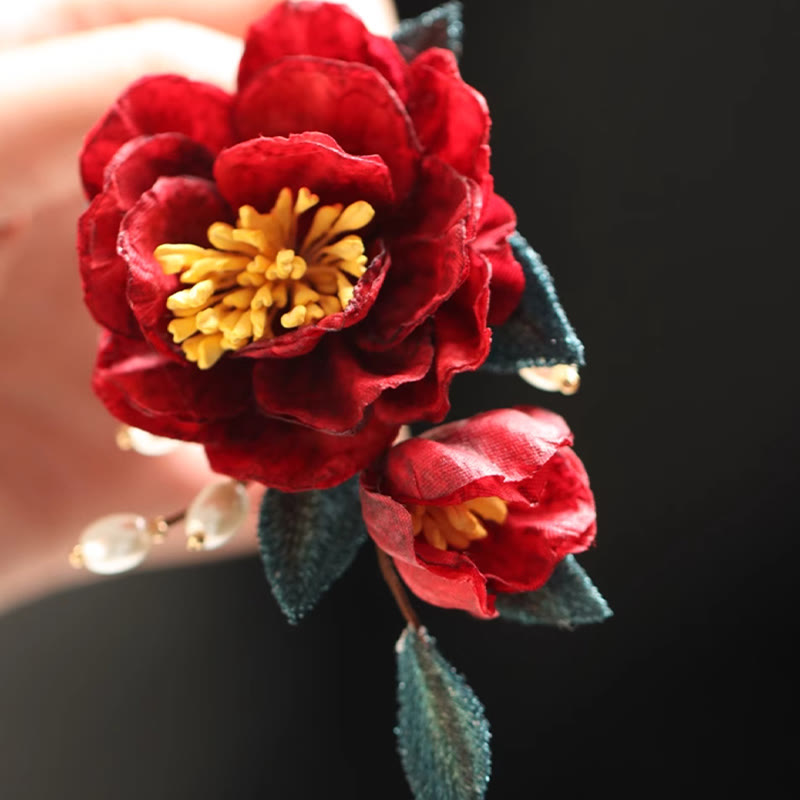 Buddha Stones Chinese Style Red Camellia Butterfly Hair Clip Hair Comb Hairpin Barrette Accessory