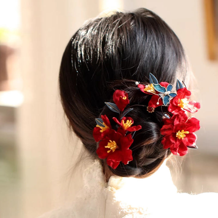 Buddha Stones Chinese Wedding Red Flower Butterfly Hair Comb Hairpin Barrette