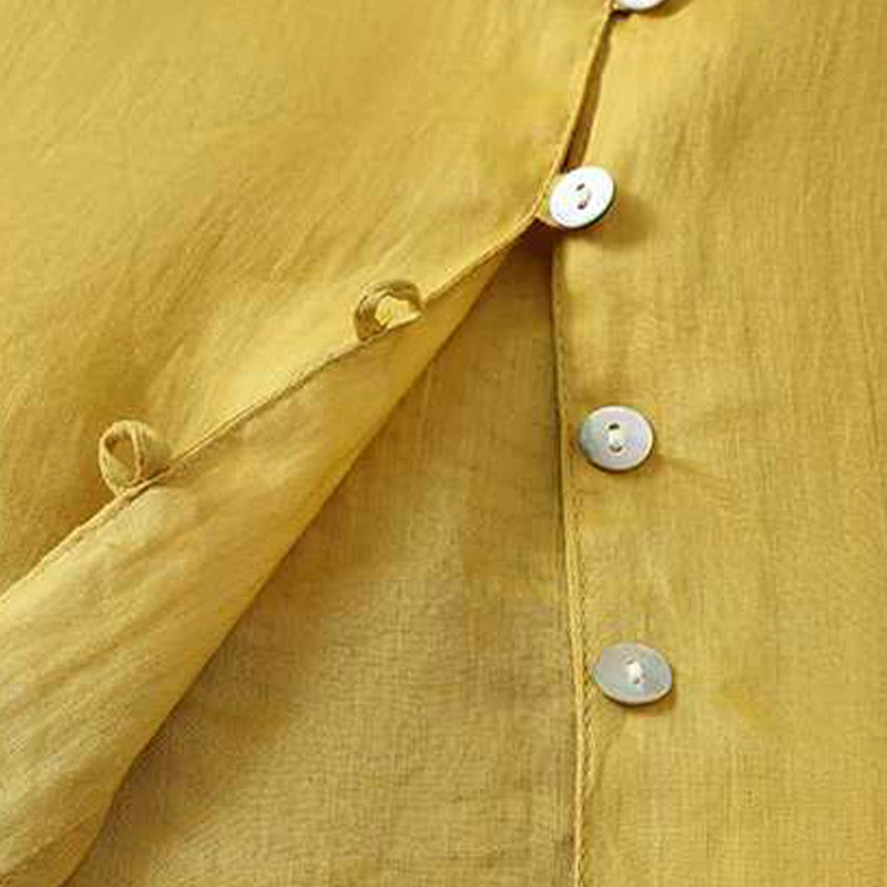 Buddha Stones Casual Plain Women's Single Row Multi-Button V-Neck Design Three Quarter Sleeve Cotton Linen Shirt - image 6
