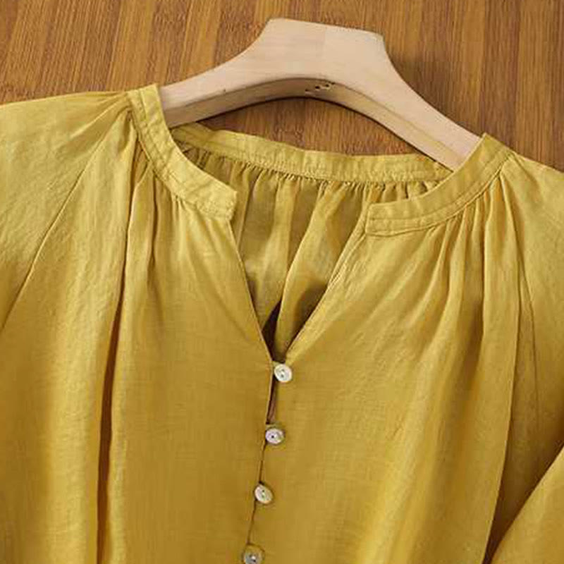 Buddha Stones Casual Plain Women's Single Row Multi-Button V-Neck Design Three Quarter Sleeve Cotton Linen Shirt - image 2