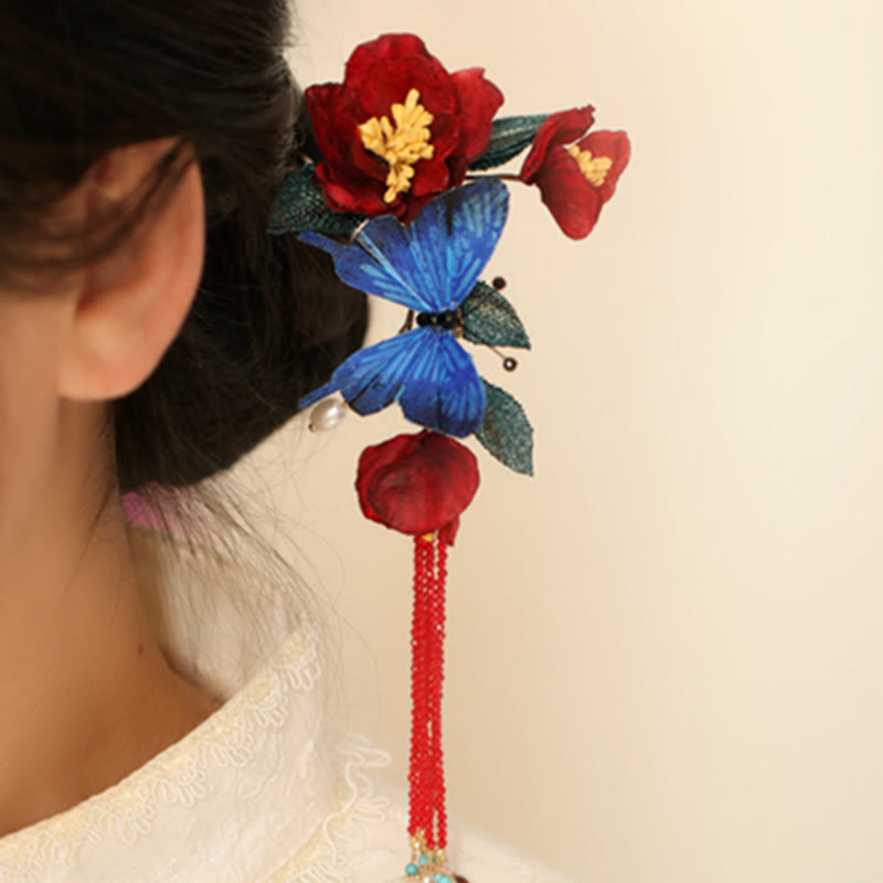 Buddha Stones Classical Chinese Style Red Flower Blue Butterfly Hairpin