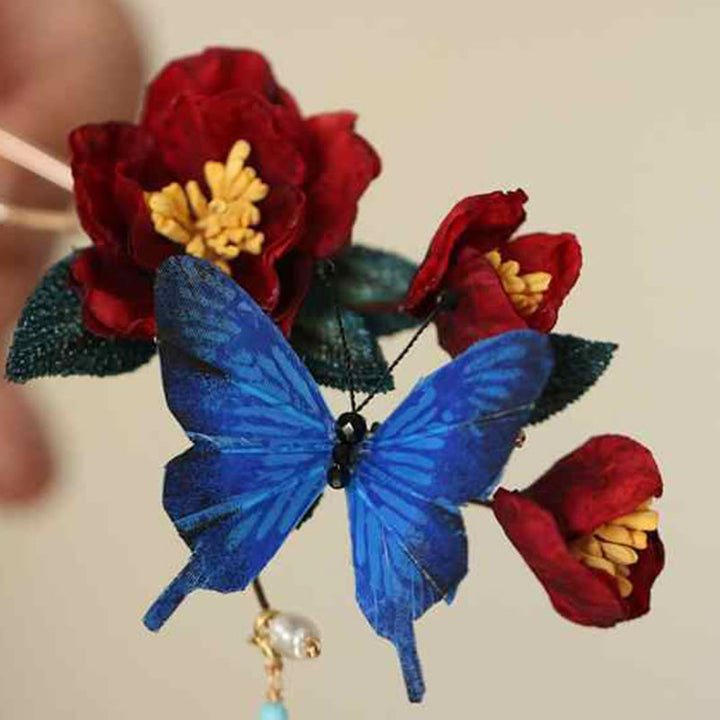 Buddha Stones Classical Chinese Style Red Flower Blue Butterfly Hairpin