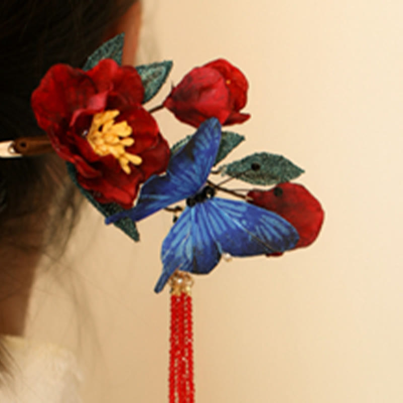 Buddha Stones Classical Chinese Style Red Flower Blue Butterfly Hairpin