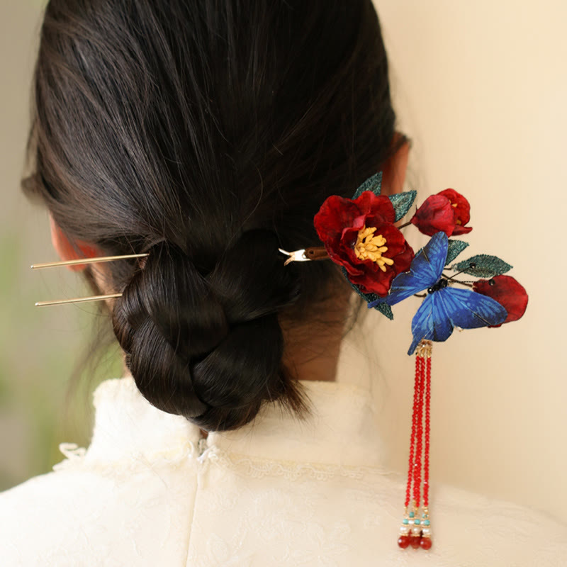 Buddha Stones Classical Chinese Style Red Flower Blue Butterfly Hairpin