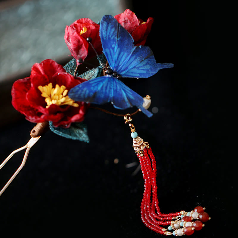 Buddha Stones Classical Chinese Style Red Flower Blue Butterfly Hairpin