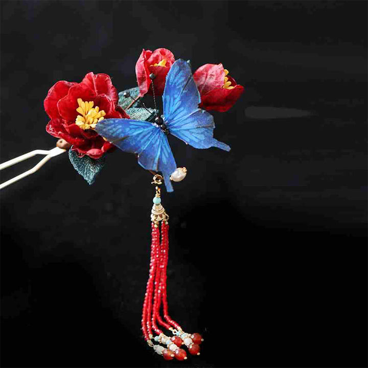 Buddha Stones Classical Chinese Style Red Flower Blue Butterfly Hairpin