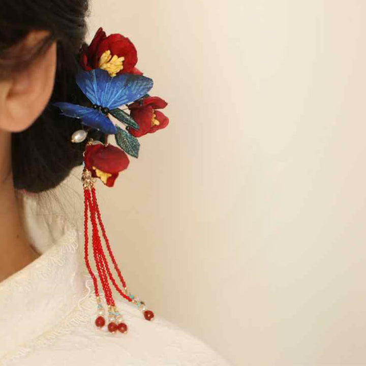 Buddha Stones Classical Chinese Style Red Flower Blue Butterfly Hairpin