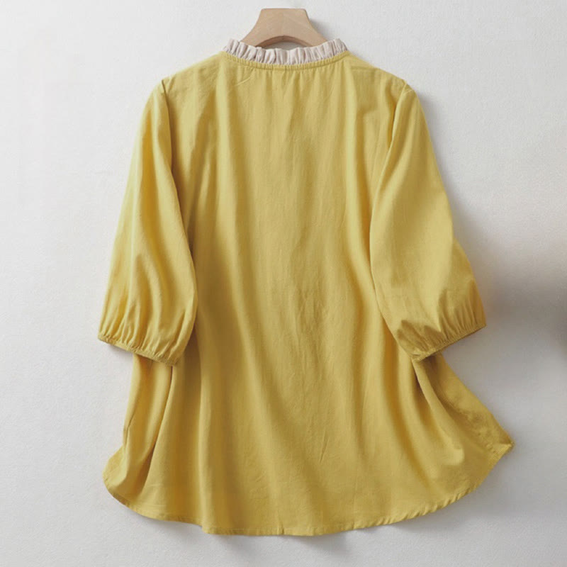 Buddha Stones Casual Plain Frog-Button Women's Ruffle Collar Design Half Sleeve Cotton Linen Shirt - image 1