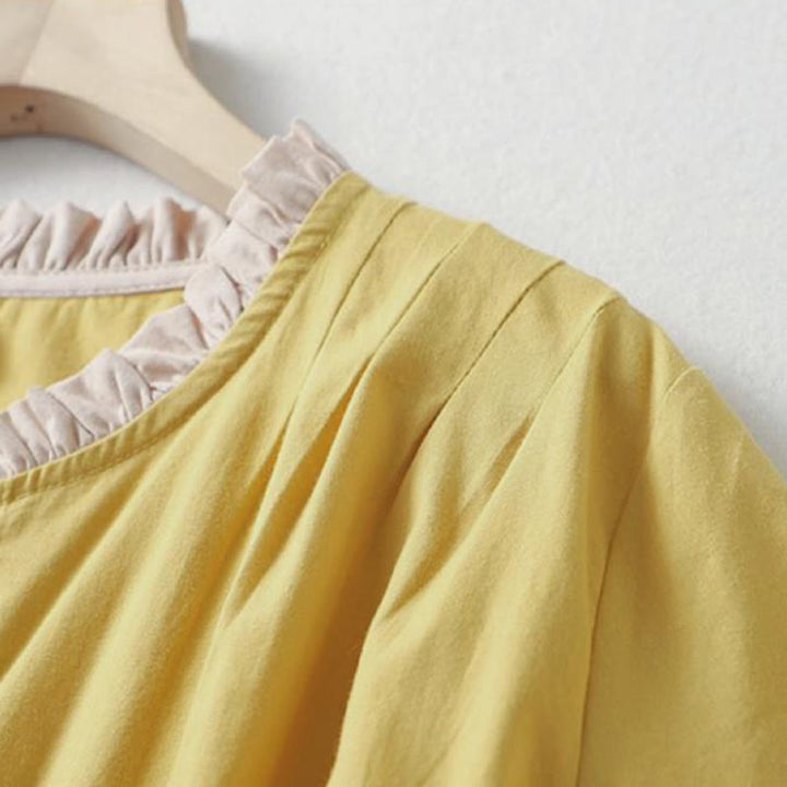 Buddha Stones Casual Plain Frog-Button Women's Ruffle Collar Design Half Sleeve Cotton Linen Shirt - image 4