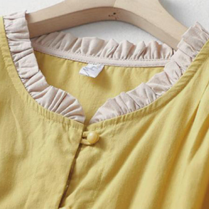 Buddha Stones Casual Plain Frog-Button Women's Ruffle Collar Design Half Sleeve Cotton Linen Shirt - image 2