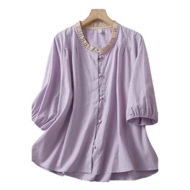 Buddha Stones Casual Plain Frog-Button Women's Ruffle Collar Design Half Sleeve Cotton Linen Shirt