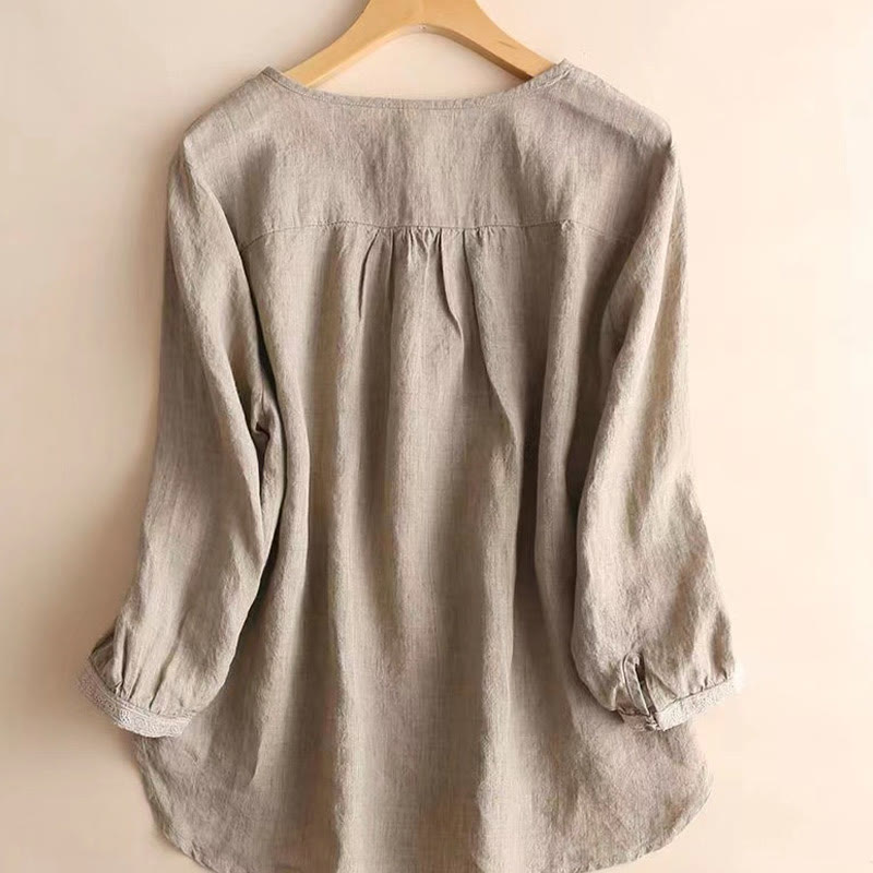 Buddha Stones Casual Plain Women's Hollow Crew Neck Design Three Quarter Sleeve Cotton Linen Shirt - image 2