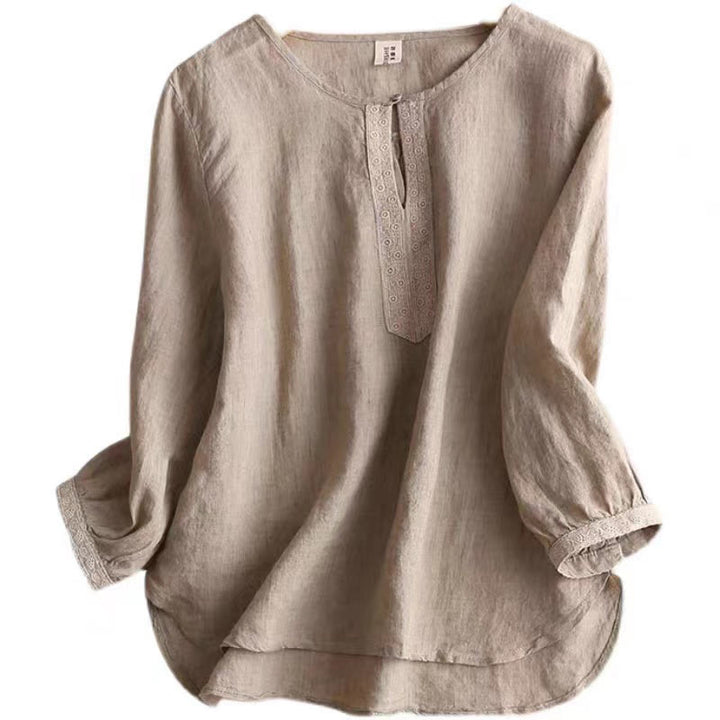 Buddha Stones Casual Plain Women's Hollow Crew Neck Design Three Quarter Sleeve Cotton Linen Shirt