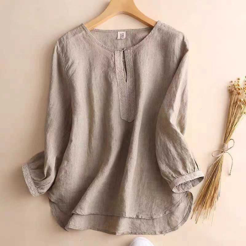 Buddha Stones Casual Plain Women's Hollow Crew Neck Design Three Quarter Sleeve Cotton Linen Shirt - Tan - US8-10，UK/AU12-14，EU40-42 (2XL) - image 1