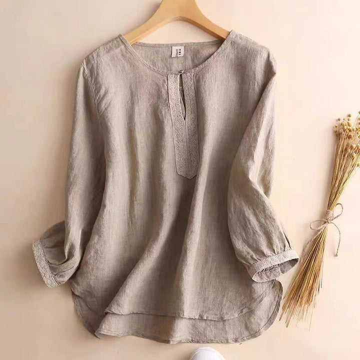 Buddha Stones Casual Plain Women's Hollow Crew Neck Design Three Quarter Sleeve Cotton Linen Shirt - Tan - US8-10，UK/AU12-14，EU40-42 (2XL) - image 1