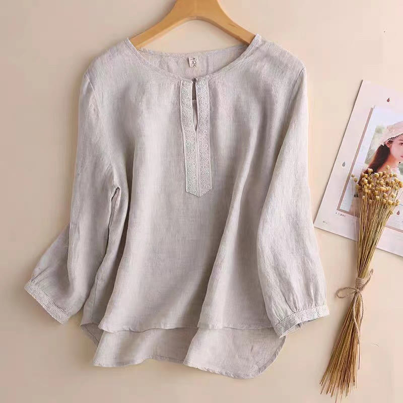 Buddha Stones Casual Plain Women's Hollow Crew Neck Design Three Quarter Sleeve Cotton Linen Shirt