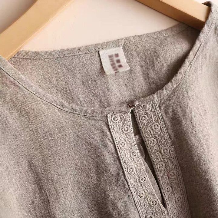 Buddha Stones Casual Plain Women's Hollow Crew Neck Design Three Quarter Sleeve Cotton Linen Shirt - image 10