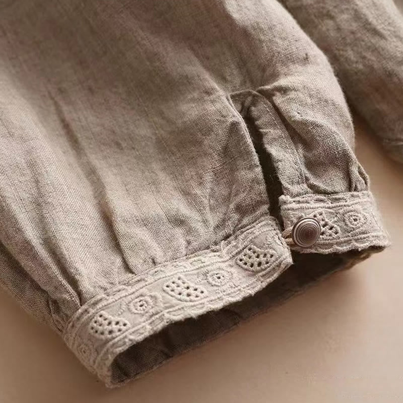 Buddha Stones Casual Plain Women's Hollow Crew Neck Design Three Quarter Sleeve Cotton Linen Shirt - image 9