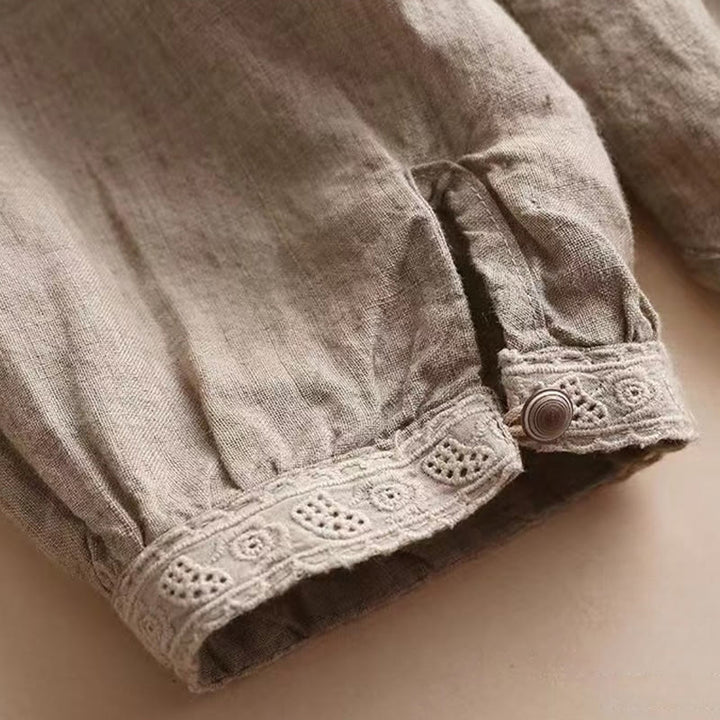 Buddha Stones Casual Plain Women's Hollow Crew Neck Design Three Quarter Sleeve Cotton Linen Shirt - image 9