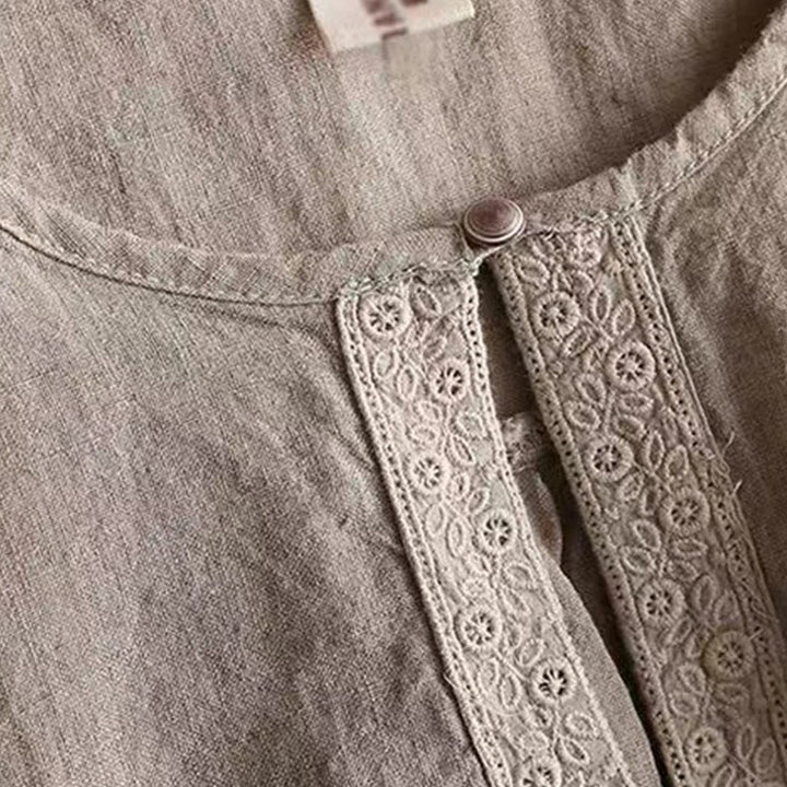 Buddha Stones Casual Plain Women's Hollow Crew Neck Design Three Quarter Sleeve Cotton Linen Shirt - image 12