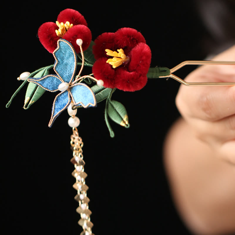 Buddha Stones Classical Chinese Style Red Flower Blue Butterfly Hairpin Hair Clip Hair Comb Barrette