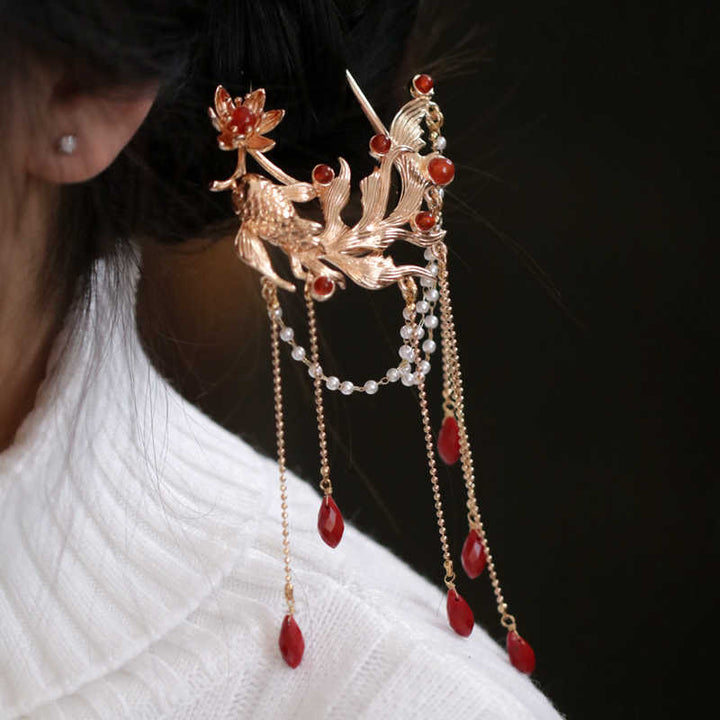 Buddha Stones Chinese Style Koi Fish Flower Tassel Red Agate Copper Gold Plated Hairpin Hair Comb