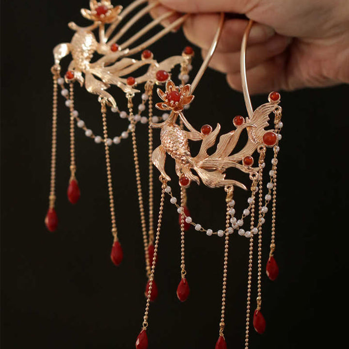 Buddha Stones Chinese Style Koi Fish Flower Tassel Red Agate Copper Gold Plated Hairpin Hair Comb