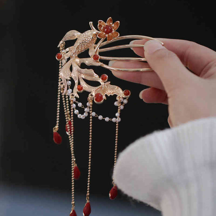 Buddha Stones Chinese Style Koi Fish Flower Tassel Red Agate Copper Gold Plated Hairpin Hair Comb