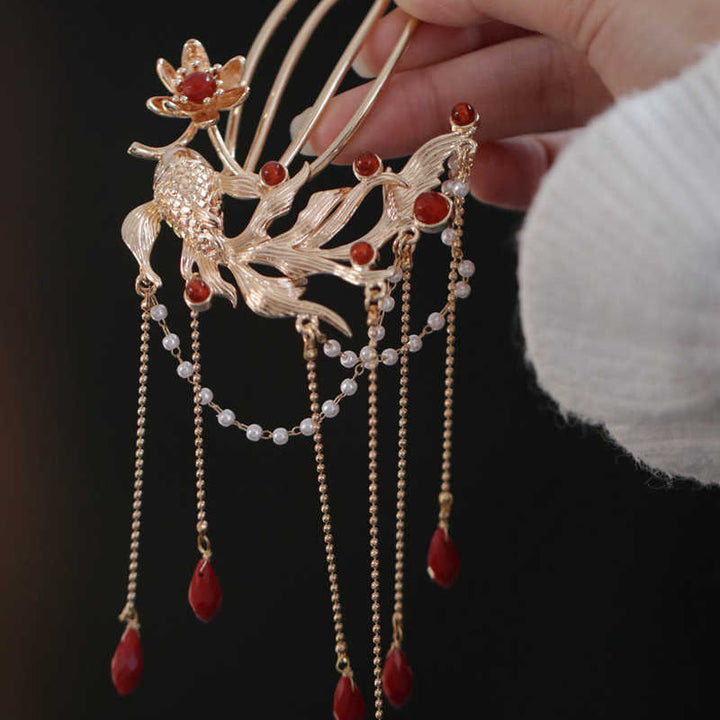 Buddha Stones Chinese Style Koi Fish Flower Tassel Red Agate Copper Gold Plated Hairpin Hair Comb