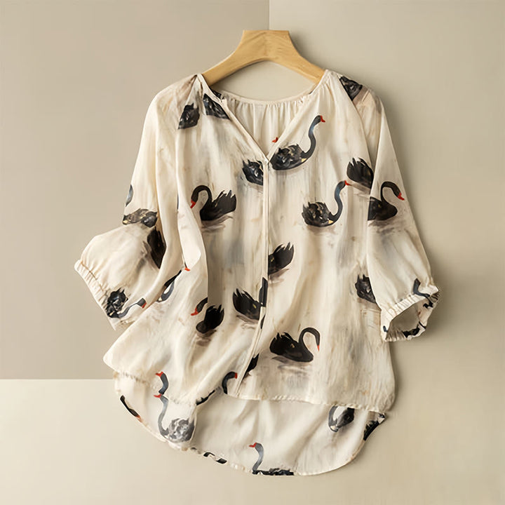 Buddha Stones Casual Black Swan Print Women's V-Neck Half Sleeve Design Cotton Linen Shirt