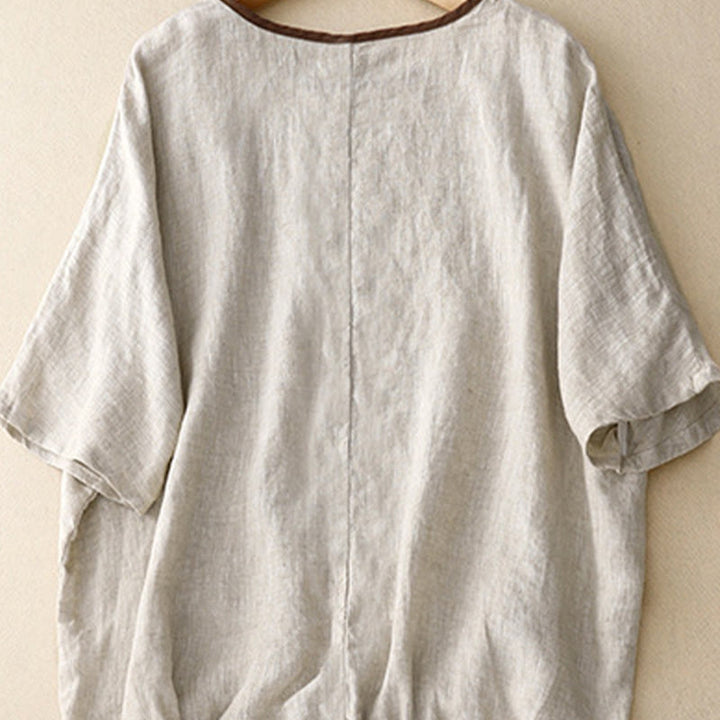 Buddha Stones Casual Embroidery Tree Drawstring Women's Crew Neck Design Half Sleeve Cotton Linen T-Shirt - image 2