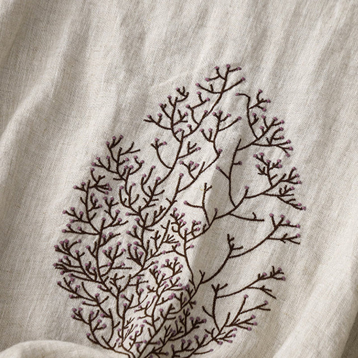 Buddha Stones Casual Embroidery Tree Drawstring Women's Crew Neck Design Half Sleeve Cotton Linen T-Shirt - image 3