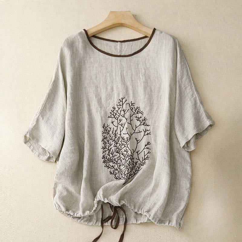 Buddha Stones Casual Embroidery Tree Drawstring Women's Crew Neck Design Half Sleeve Cotton LinenT-Shirt