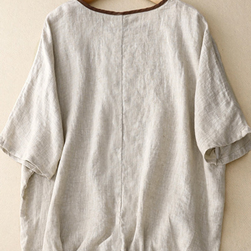 Buddha Stones Casual Embroidery Tree Drawstring Women's Crew Neck Design Half Sleeve Cotton Linen T-Shirt - image 2