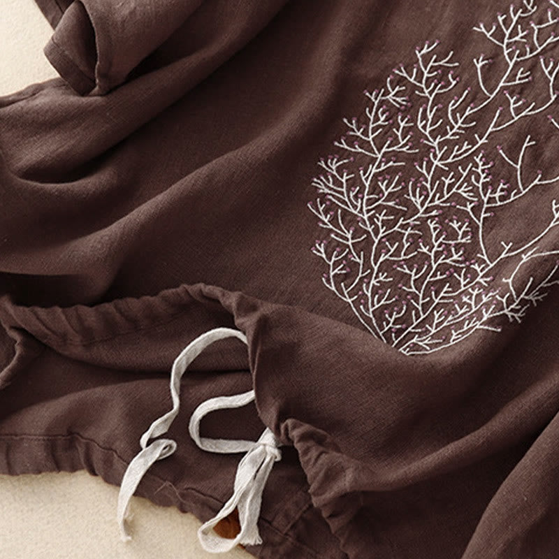 Buddha Stones Casual Embroidery Tree Drawstring Women's Crew Neck Design Half Sleeve Cotton Linen T-Shirt - image 15