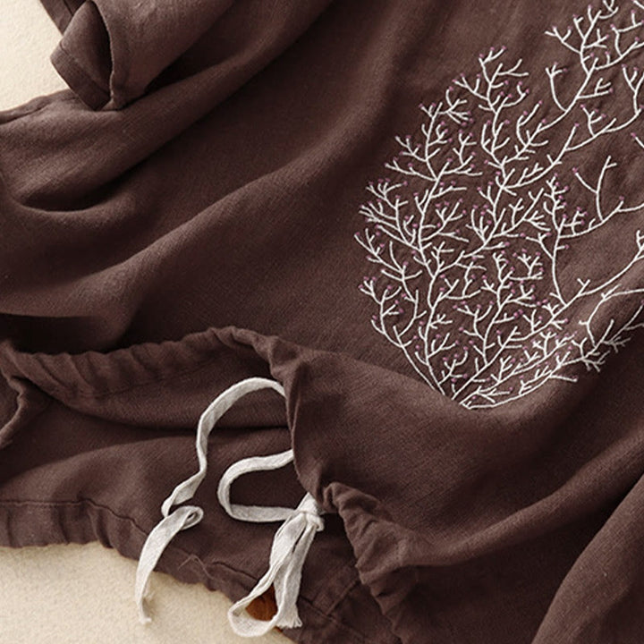 Buddha Stones Casual Embroidery Tree Drawstring Women's Crew Neck Design Half Sleeve Cotton Linen T-Shirt - image 15