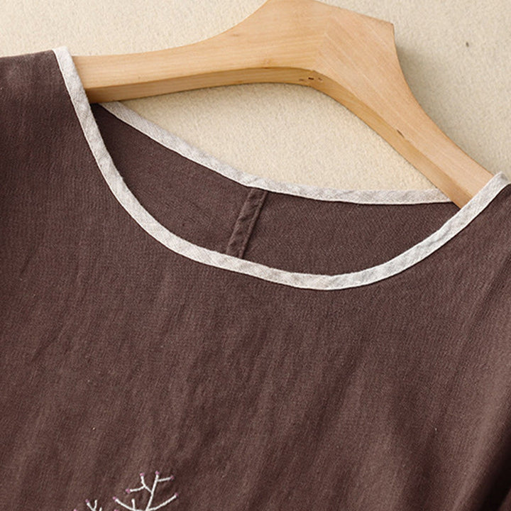 Buddha Stones Casual Embroidery Tree Drawstring Women's Crew Neck Design Half Sleeve Cotton Linen T-Shirt - image 11